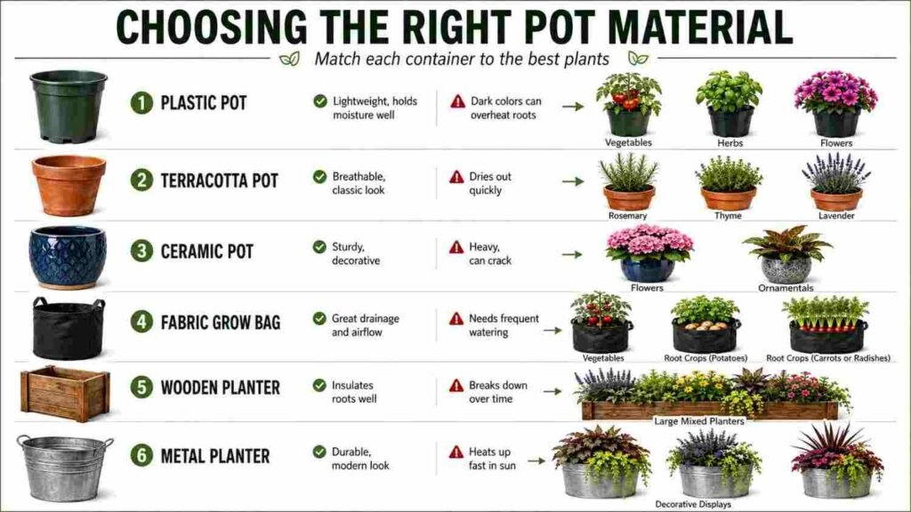 Container Gardening: The Complete Guide for Beginners 3 Choosing the right pot material infographic comparing plastic, terracotta, ceramic, fabric, wood, and metal planters with their benefits, drawbacks, and best plants.