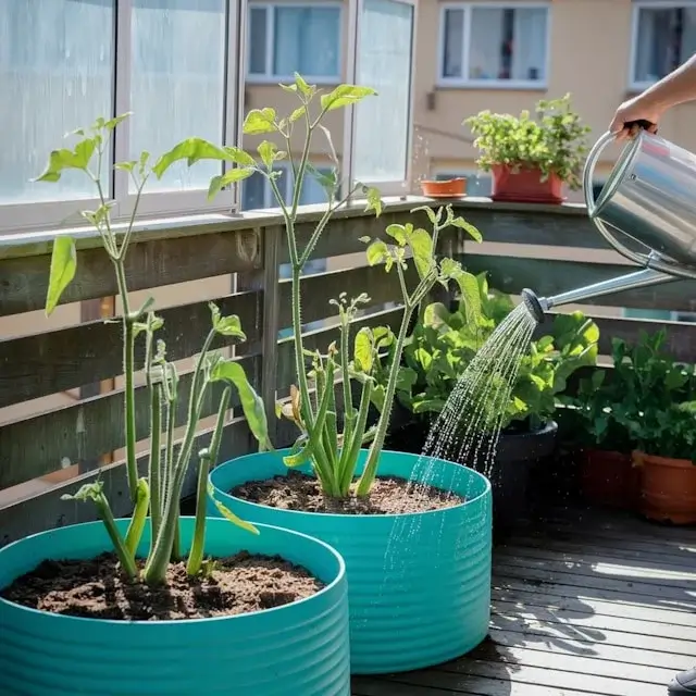 Container Gardening: The Complete Guide for Beginners 7 Person watering a balcony container garden filled with potted plants