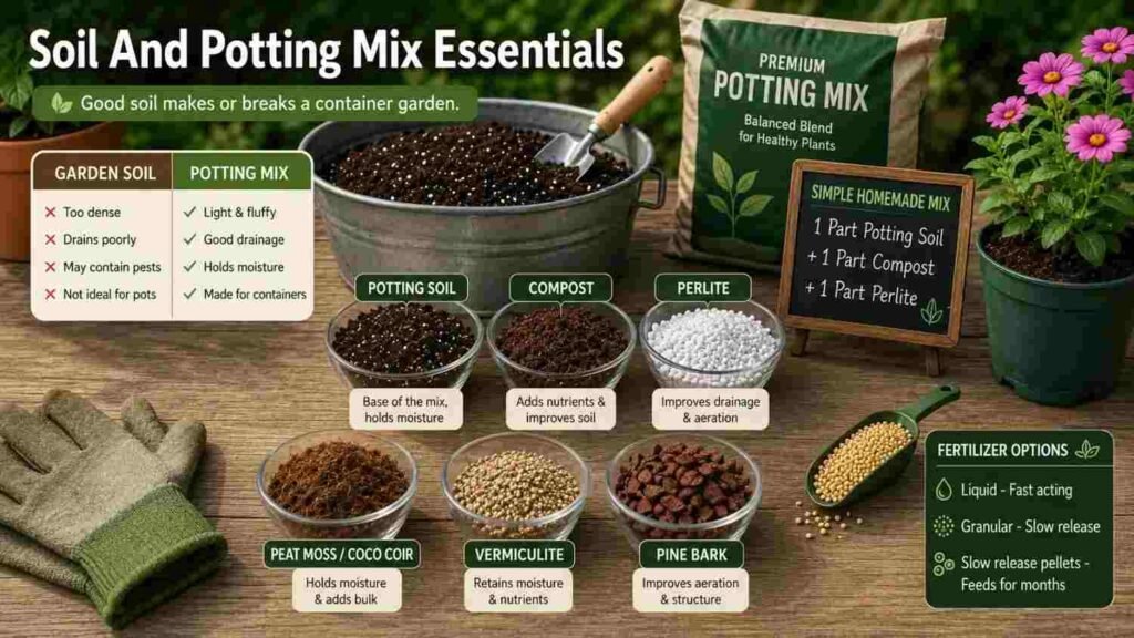 Container Gardening: The Complete Guide for Beginners 6 Soil and potting mix essentials infographic comparing garden soil and potting mix, with compost, perlite, coco coir, vermiculite, pine bark, and fertilizer options.
