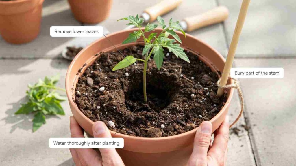 Growing Tomatoes in Containers: Complete Beginner Guide 3 Young tomato seedling planted deeply in a container with lower leaves removed and part of the stem buried below the soil.