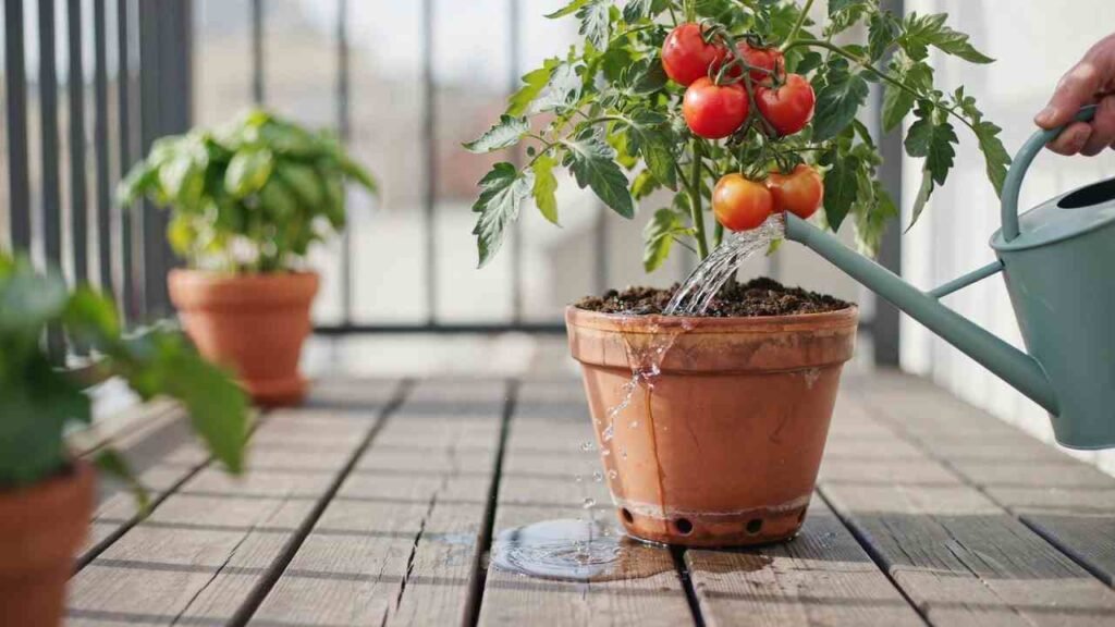Growing Tomatoes in Containers: Complete Beginner Guide 4 Tomato plant in a container being watered at soil level to keep the root zone evenly moist.