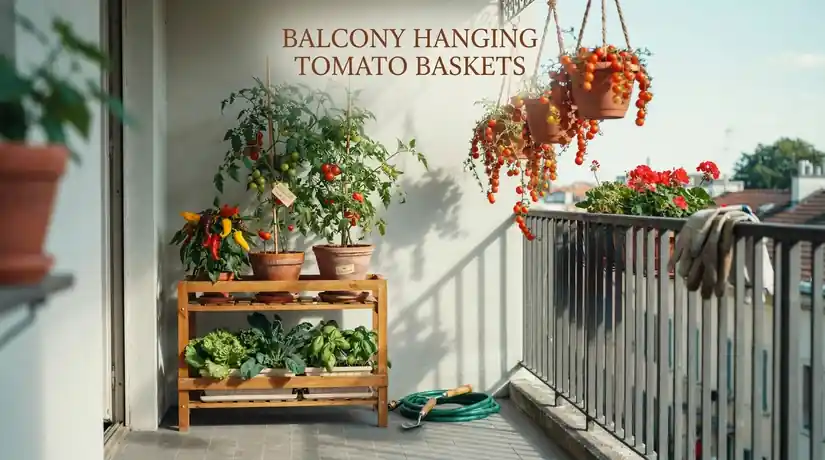 15 Balcony Vegetable Garden Ideas + What to Grow 4 Hanging baskets of trailing cherry tomatoes on an apartment balcony