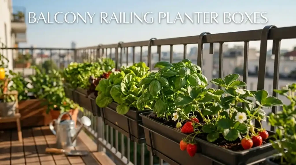 15 Balcony Vegetable Garden Ideas + What to Grow 2 Planter boxes of lettuce and herbs hooked over a balcony railing