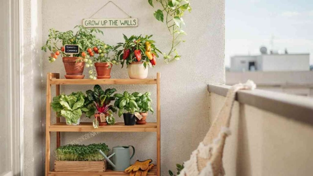 15 Balcony Vegetable Garden Ideas + What to Grow 3 Tiered plant stand with potted vegetables arranged by sunlight on a balcony