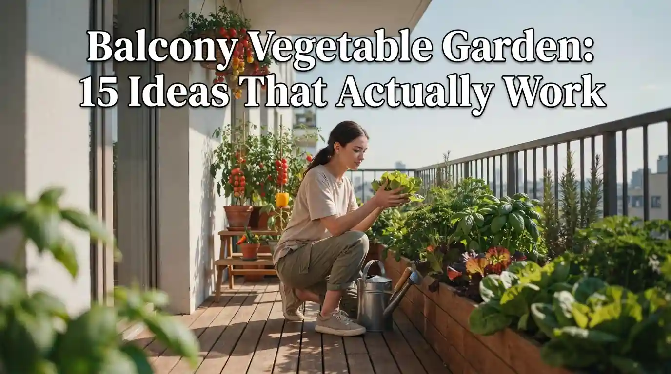 15 Balcony Vegetable Garden Ideas + What to Grow 1 Apartment balcony vegetable garden with railing planters, potted tomatoes, and hanging baskets
