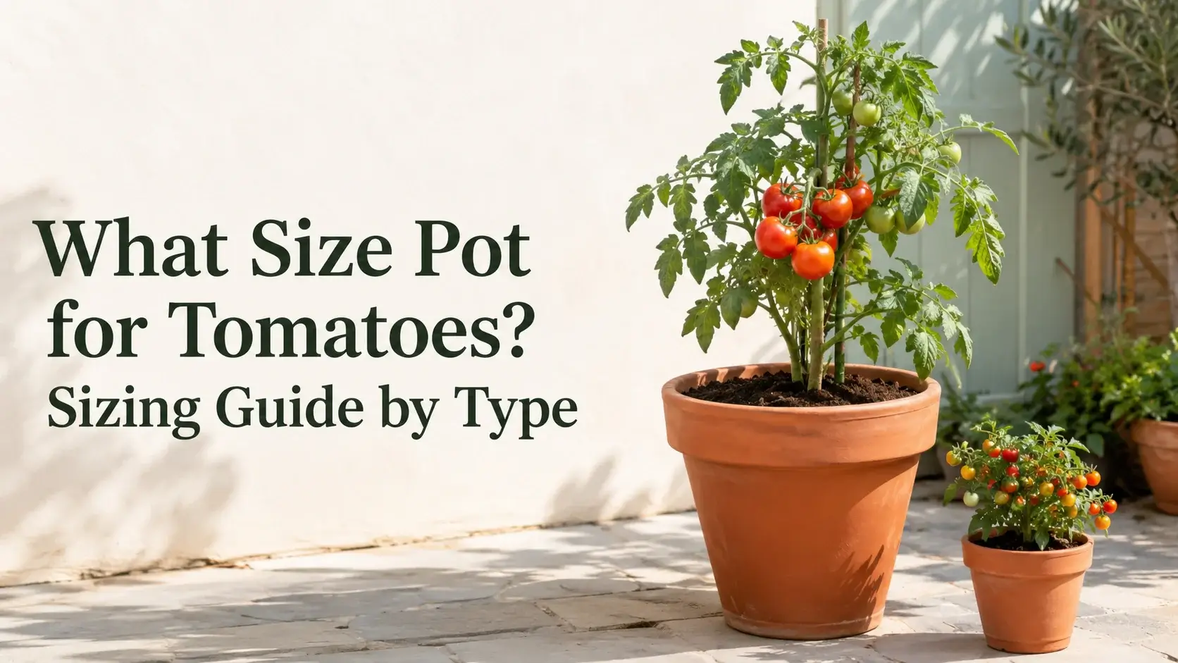 A tomato plant growing in a large terracotta container on a sunny patio