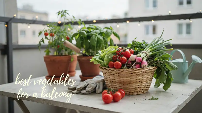 15 Balcony Vegetable Garden Ideas + What to Grow 7 Basket of freshly harvested balcony vegetables on a bistro table