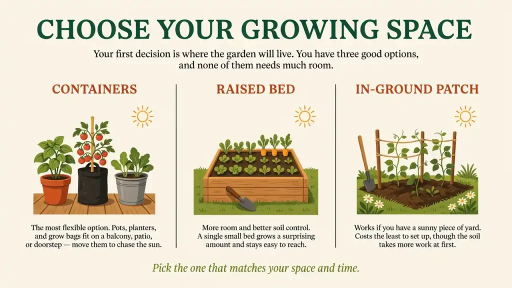How to Start a Small Vegetable Garden in 7 Simple Steps 2 Containers, a raised bed, and a small in-ground plot side by side