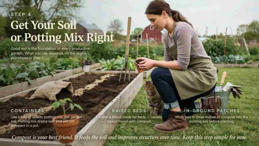 How to Start a Small Vegetable Garden in 7 Simple Steps 5 Gardener filling a raised bed with dark compost and potting mix