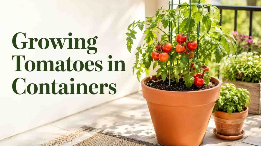 Growing Tomatoes in Containers: Complete Beginner Guide 5 Healthy tomato plant growing in a large terracotta container on a sunny patio, with ripe red tomatoes and a support cage.