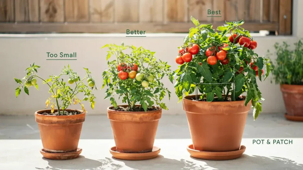 Growing Tomatoes in Containers: Complete Beginner Guide 2 Tomato plants growing in small, medium, and large containers to compare the best pot size for healthy container tomatoes.
