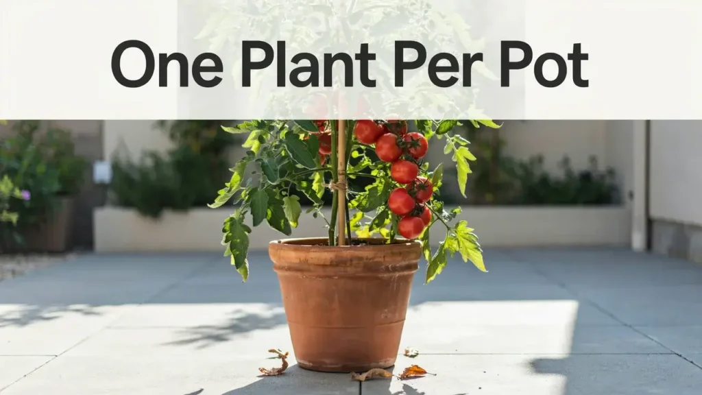 Tomato Container Size: What Size Pot by Variety 4 A single tomato plant growing in its own large terracotta pot