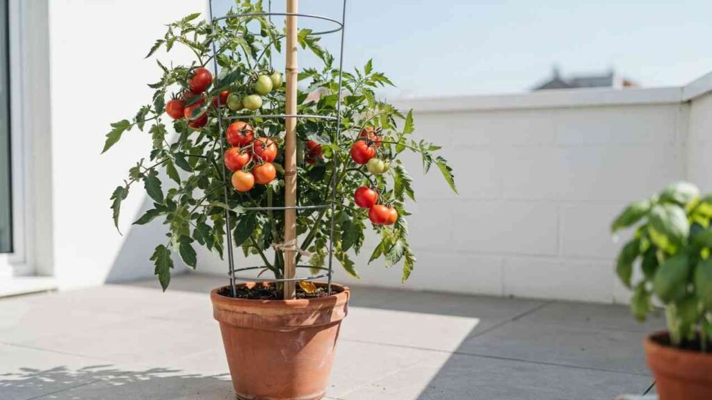 Growing Tomatoes in Containers: Complete Beginner Guide 5 Tomato plant in a container supported with a cage and stake to keep fruiting stems upright.