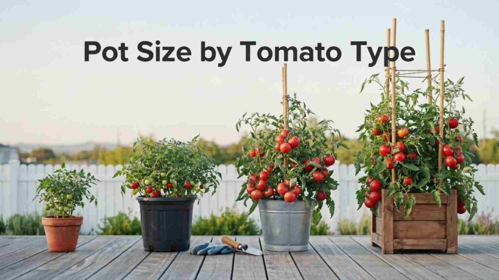 Tomato Container Size: What Size Pot by Variety 2 Four tomato plants in progressively larger pots lined up on a patio