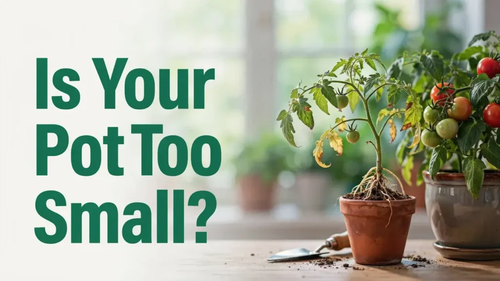 Tomato Container Size: What Size Pot by Variety 5 A stressed tomato plant with yellowing leaves in an undersized pot
