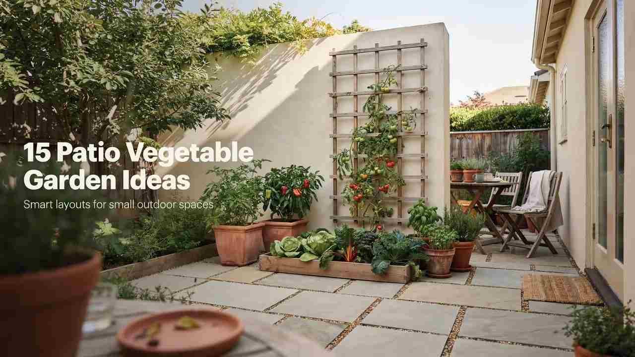15 Patio Vegetable Garden Ideas for Small Outdoor Spaces 4 Small patio vegetable garden with containers, trellis, vegetables, herbs, and seating