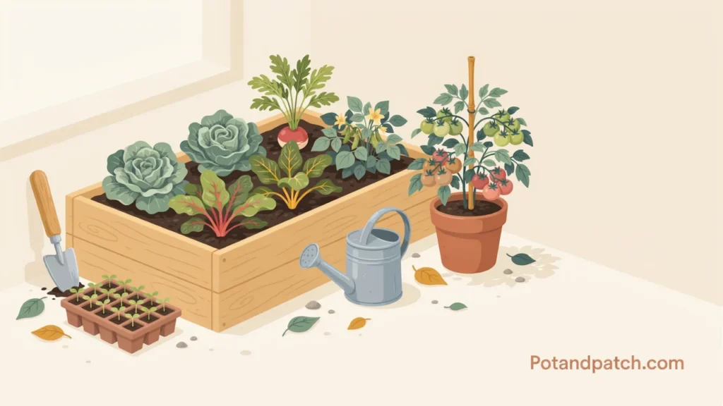 Easy Vegetables to Grow: 12 Best Choices for Beginners 6 Simple beginner vegetable garden with lettuce, radishes, beans and tomatoes
