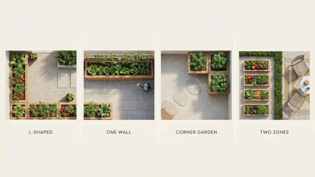 Four small patio vegetable garden layouts using edges, walls, corners, and separate seating zones