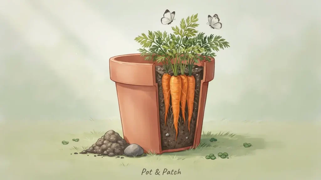 Carrots growing straight through loose stone-free potting mix in a deep container