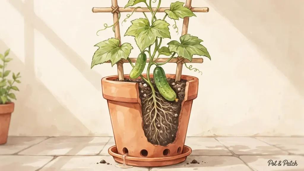 Growing Cucumbers in Containers: Complete Beginner Guide 3 Cucumber plant growing in well-draining potting mix inside a container with drainage holes
