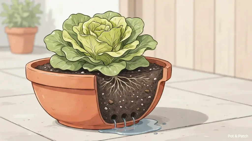 Growing Lettuce in Containers: Complete Guide for Beginners 3 Lettuce growing in well-draining potting mix inside a wide container with drainage holes
