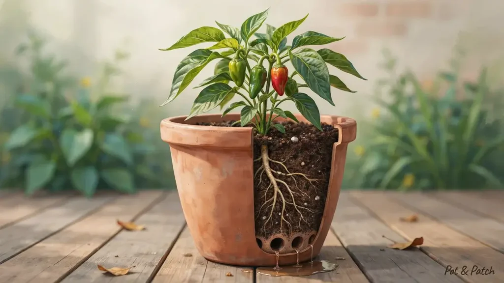 Growing Peppers in Containers: Complete Beginner Guide 3 Pepper plant growing in well-draining potting mix inside a container with drainage holes