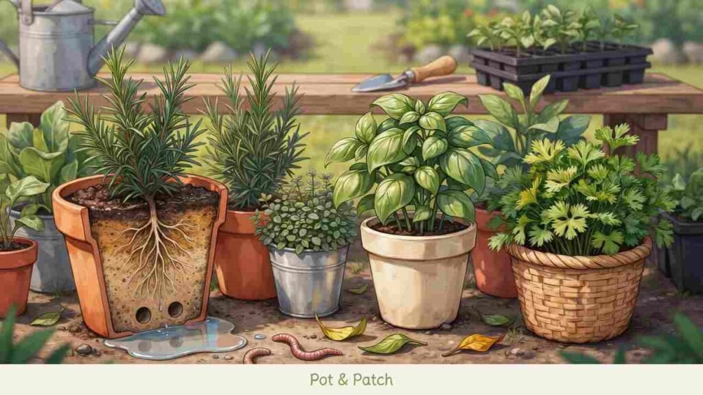 Herb Gardening for Beginners: Simple Guide to Get Started 4 Culinary herbs growing in loose well-drained soil and a container with drainage holes