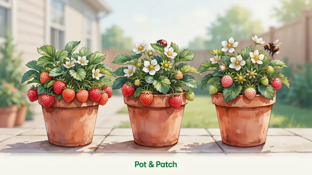 Three strawberry plants growing in separate containers with ripe berries, flowers, and developing fruit.
