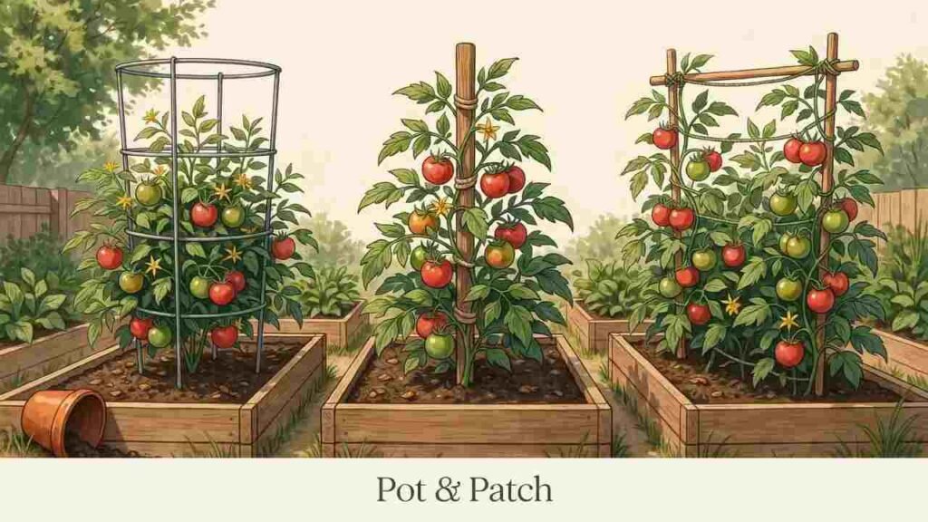 Tomato plants growing with a cage, wooden stake, and vertical trellis in raised garden beds.