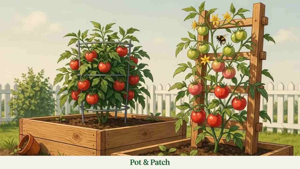 Compact determinate tomato plant beside a tall indeterminate tomato vine growing on a trellis in a raised bed.