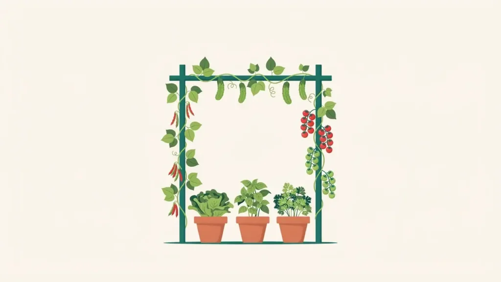 Vertical Vegetable Garden: Ideas, Best Crops & Setup Tips 3 Pole beans, cucumbers, and cherry tomatoes climbing a trellis with herbs below