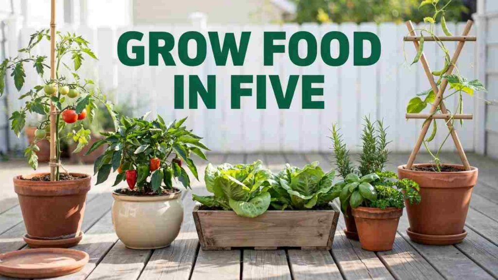 17 Container Garden Ideas for Small Spaces | Pot & Patch 4 Small edible container garden with tomatoes, peppers, lettuce, herbs, and a trellised vegetable in five pots.