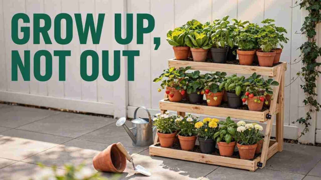 17 Container Garden Ideas for Small Spaces | Pot & Patch 2 Tiered container garden with herbs, lettuce, and strawberries arranged vertically in a small patio space.