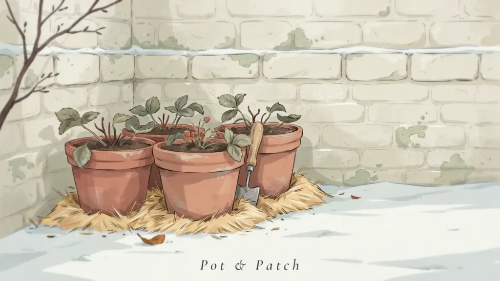 Dormant strawberry plants in grouped containers protected with straw mulch during winter.