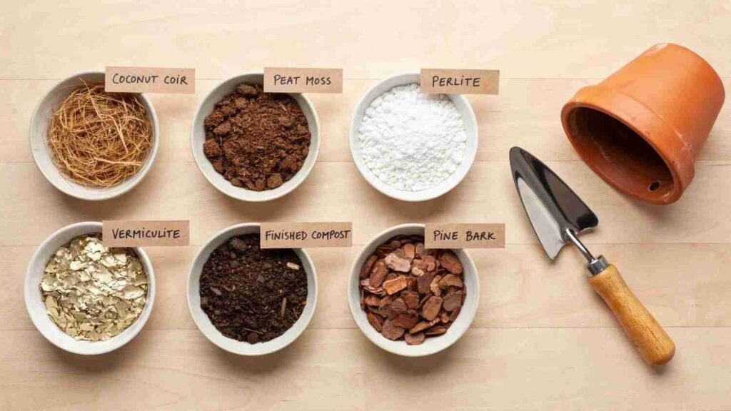 Best Soil for Container Gardening: Easy Potting Mix Guide 4 Coconut coir, peat moss, perlite, vermiculite, compost, and pine bark used in container potting mix.