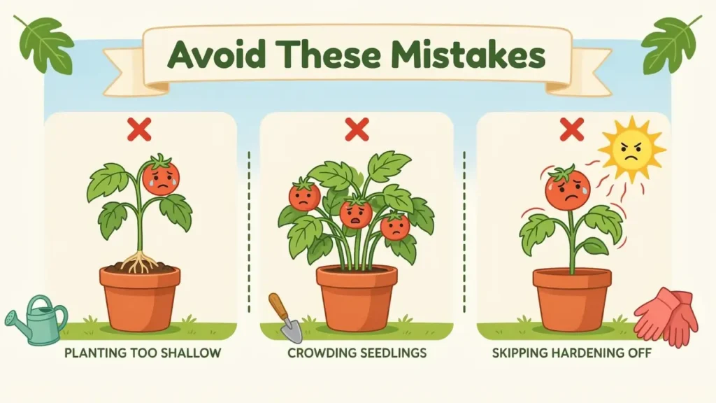 common tomato transplanting mistakes like shallow planting and crowded spacing