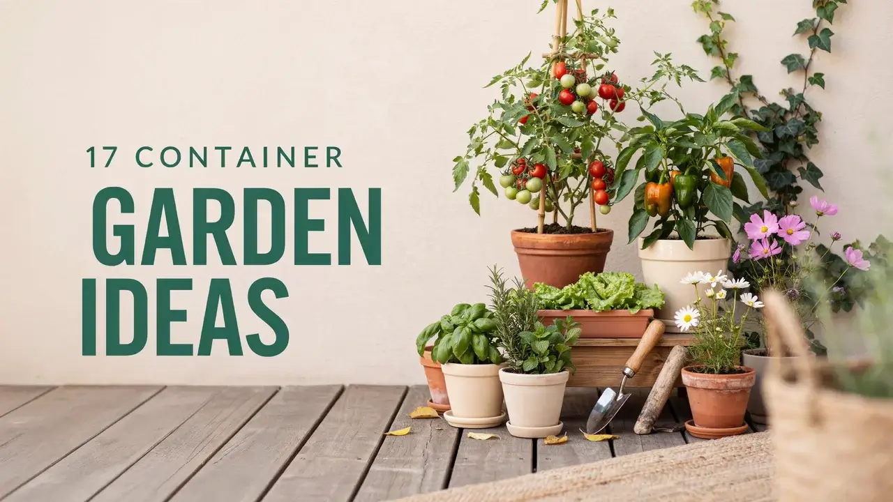 17 Container Garden Ideas for Small Spaces | Pot & Patch 5 Small patio container garden with tomatoes, peppers, lettuce, herbs, and flowers arranged in pots at different heights.
