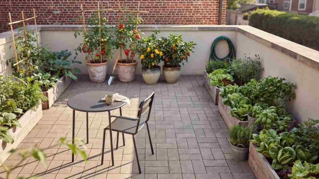 L-shaped patio vegetable garden with tomatoes, peppers, lettuce, herbs, and an open center