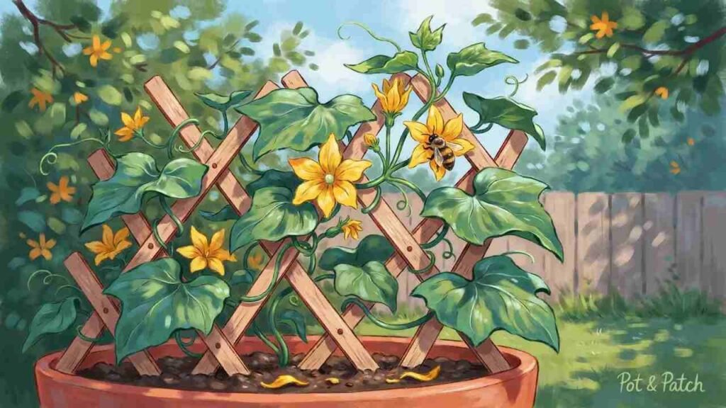 Growing Cucumbers in Containers: Complete Beginner Guide 7 Male and female cucumber flowers with a bee visiting a container-grown cucumber vine