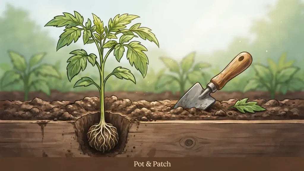 Tomato seedling planted deeply in a raised bed with roots developing along the buried lower stem.