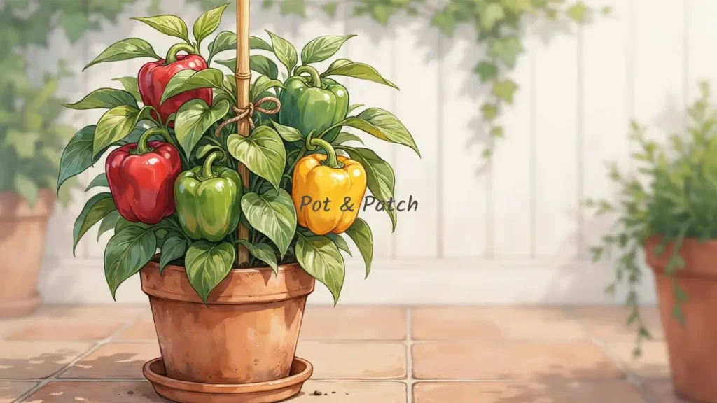 Growing Peppers in Containers: Complete Beginner Guide 7 Fruit-heavy bell pepper plant supported with a stake while growing in a container