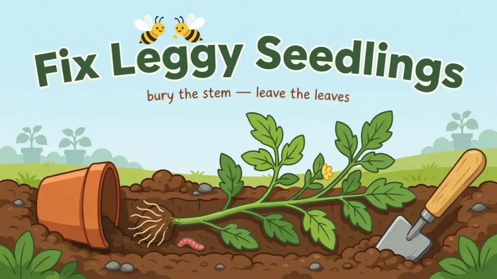 Cartoon illustration showing a leggy tomato seedling being planted in a trench
