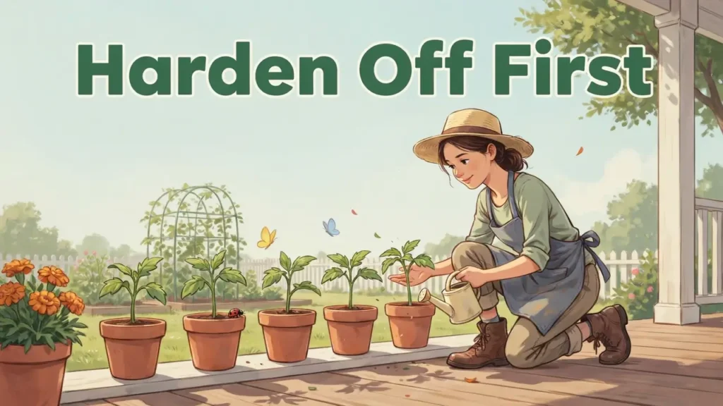 Cartoon illustration of tomato seedlings outdoors during hardening off process