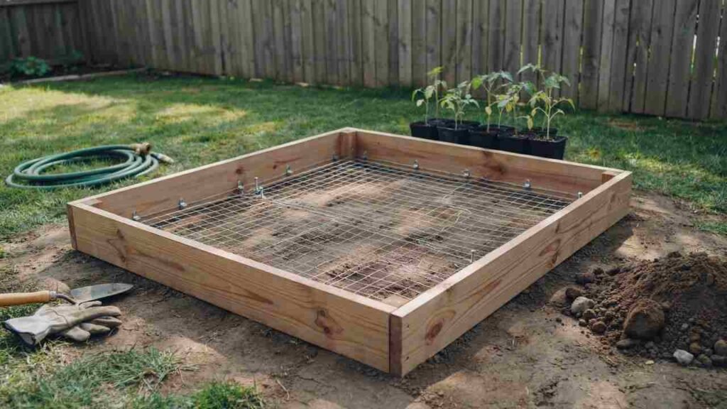 What to Put in the Bottom of a Raised Garden Bed 3 Plain corrugated cardboard overlapping grass at the bottom of a wooden raised garden bed