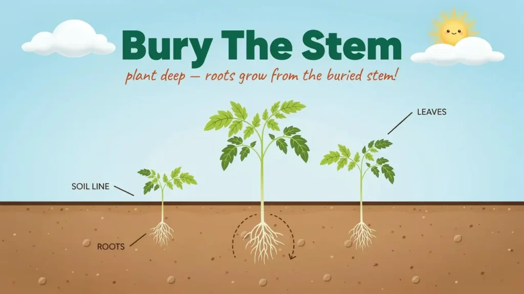 Cartoon diagram showing a tomato seedling planted deeper with stem below soil line