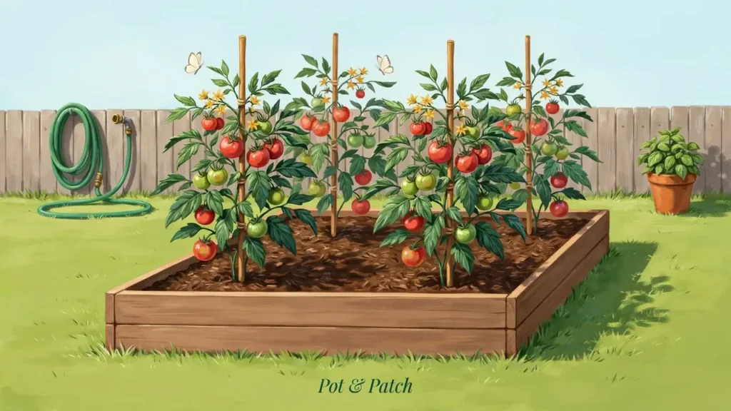 Four tomato plants spaced in two rows inside a rectangular wooden raised garden bed with individual supports.