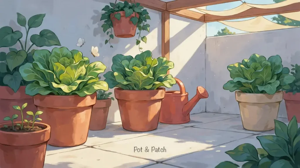Growing Lettuce in Containers: Complete Guide for Beginners 6 Container lettuce receiving morning sun and afternoon shade on a warm patio