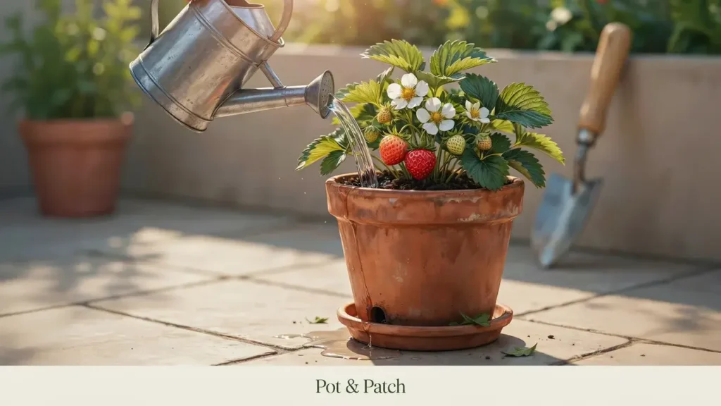 Strawberry plant being watered at soil level in a patio container with ripe red berries.