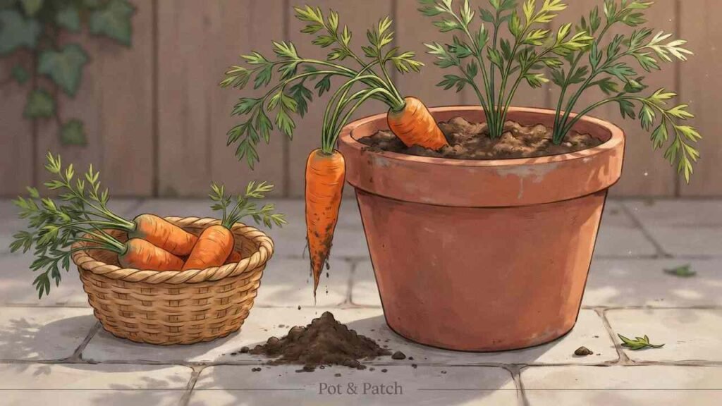 Mature carrots being harvested from loose potting mix in a deep container