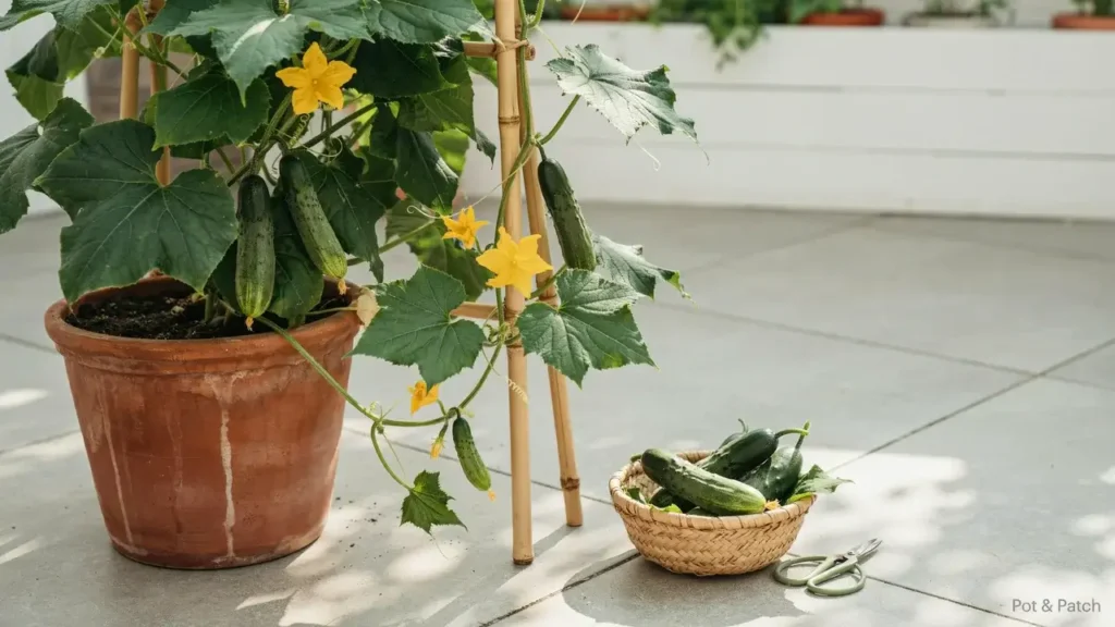 Growing Cucumbers in Containers: Complete Beginner Guide 8 Fresh cucumbers ready to harvest from a healthy container-grown vine on a trellis